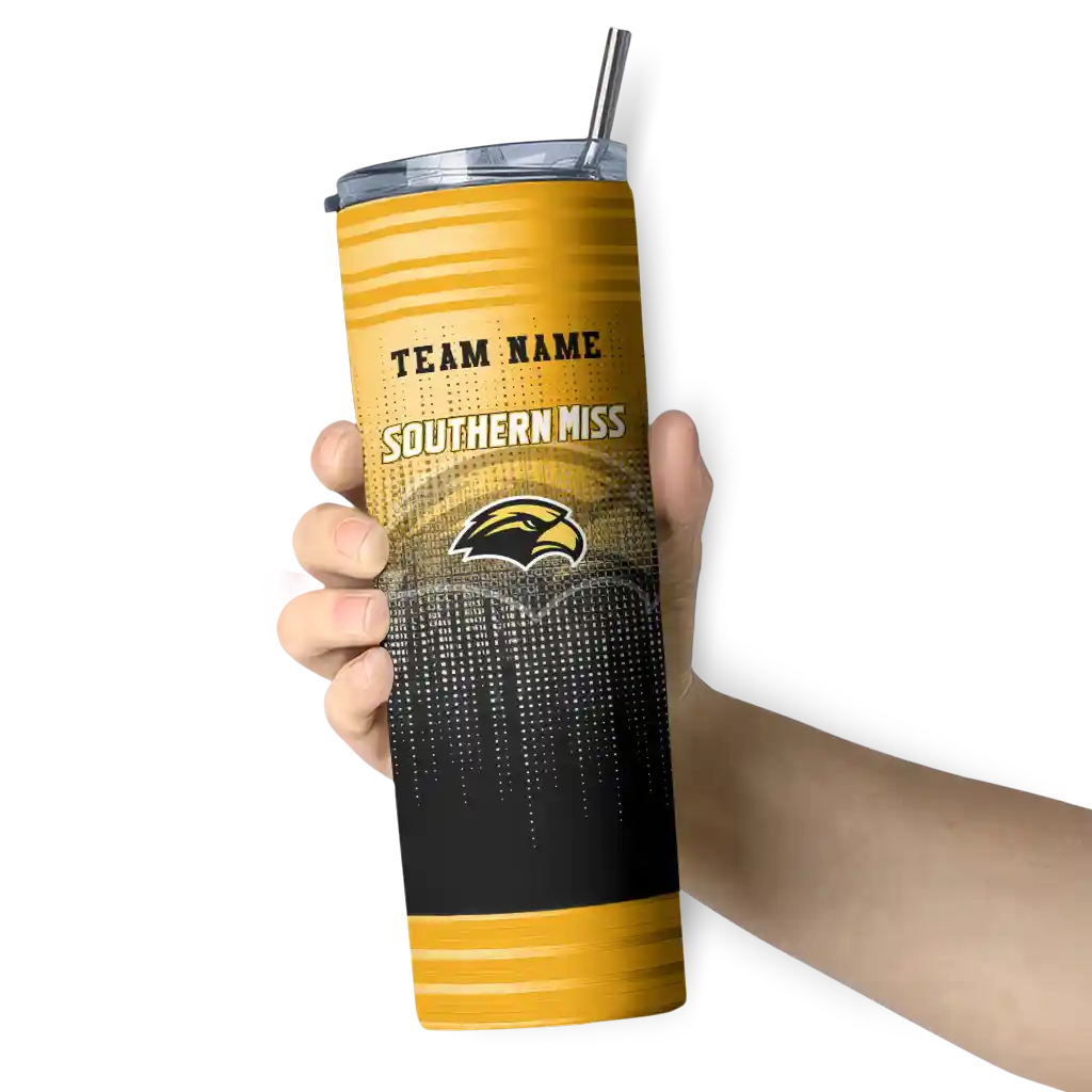 customized-southern-miss-golden-eagles-swirl-texture-black-skinny-tumbler-premium-grade.webp
