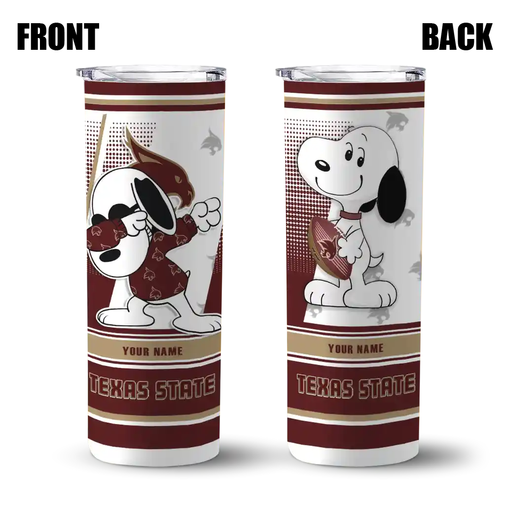 customized-texas-state-bobcats-snoopy-dog-maroon-white-skinny-tumbler-fashion-forward.webp
