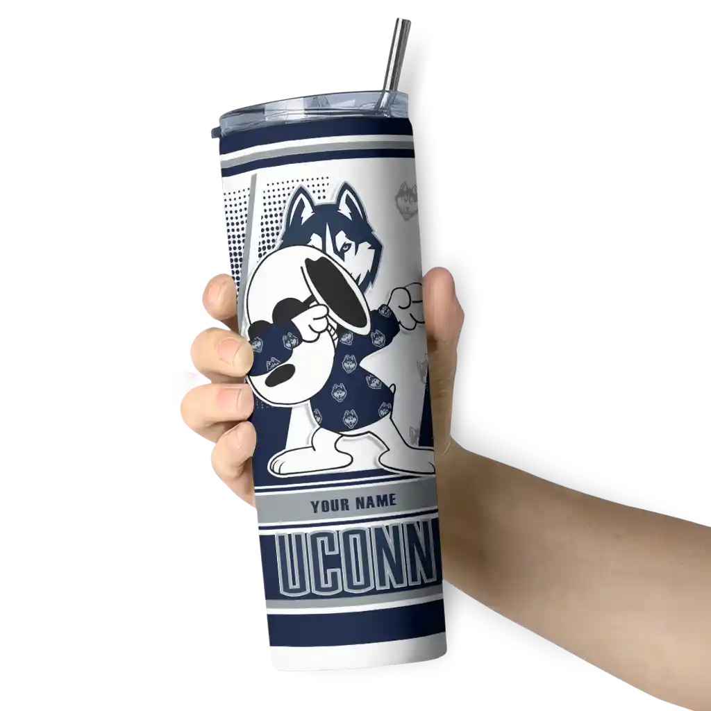 customized-uconn-huskies-snoopy-dog-blue-white-skinny-tumbler-premium-grade.webp