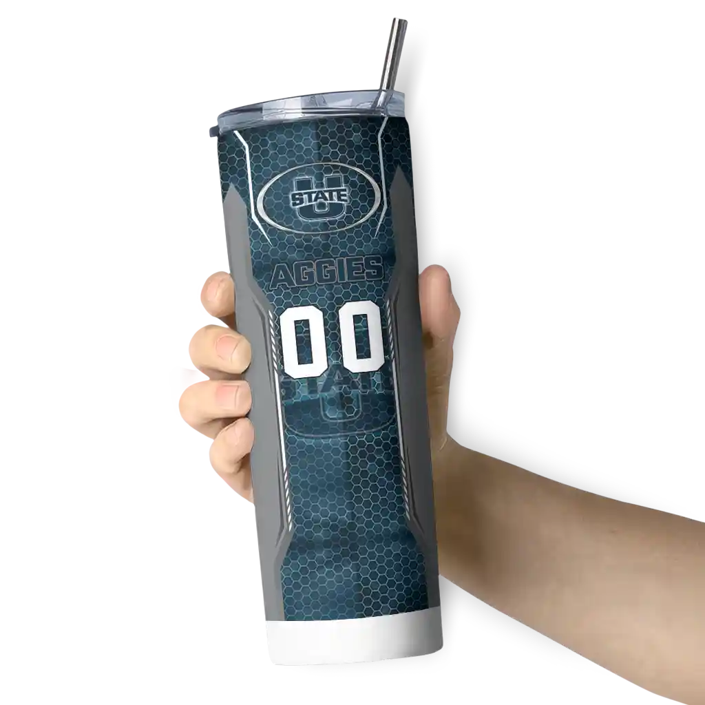 customized-utah-state-aggies-stacked-diamond-navy-skinny-tumbler-premium-grade-1.webp