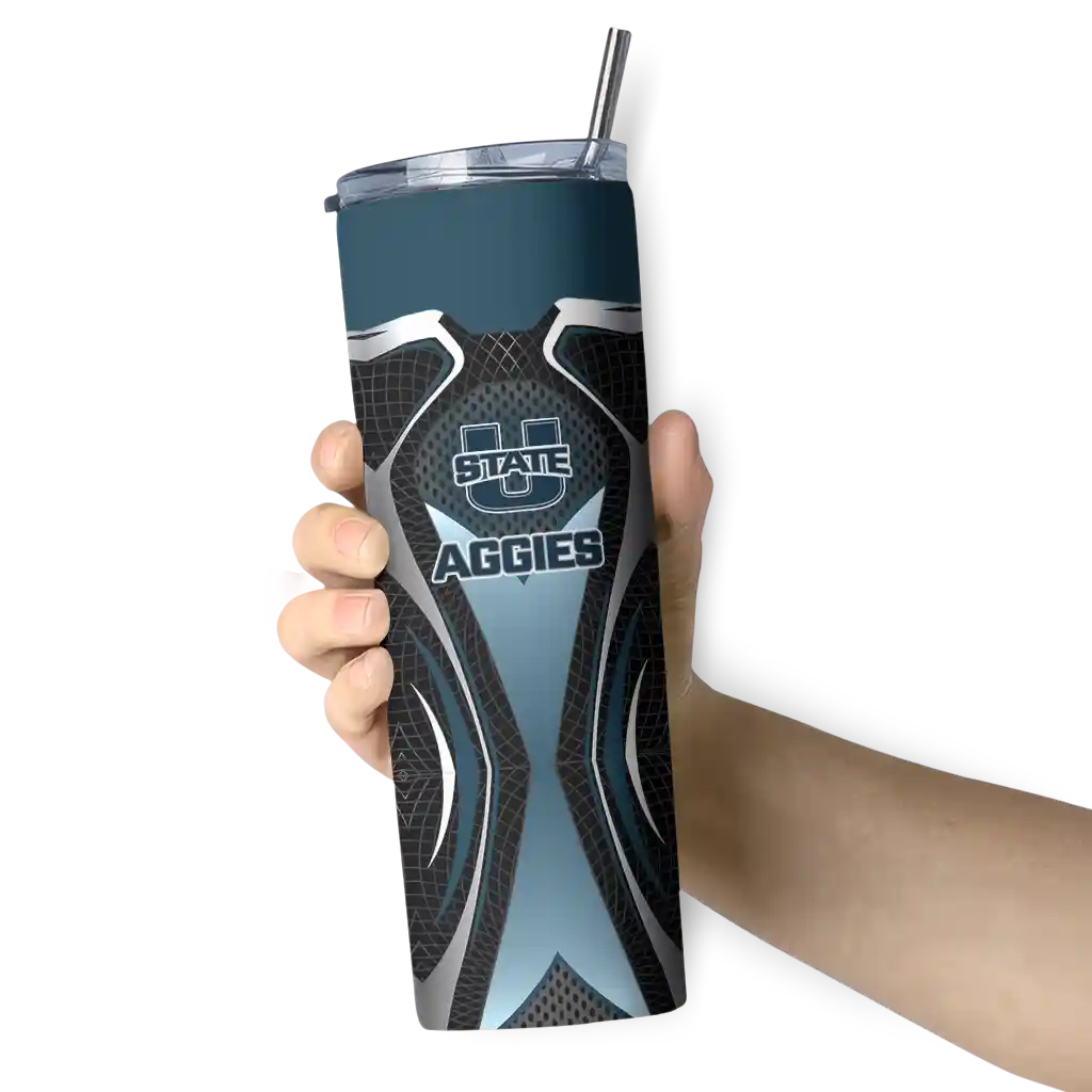 customized-utah-state-aggies-superman-emblem-navy-black-skinny-tumbler-premium-grade.webp