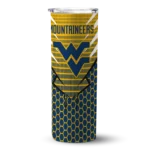 customized-west-virginia-mountaineers-chevron-stripes-blue-skinny-tumbler-best-selling.webp