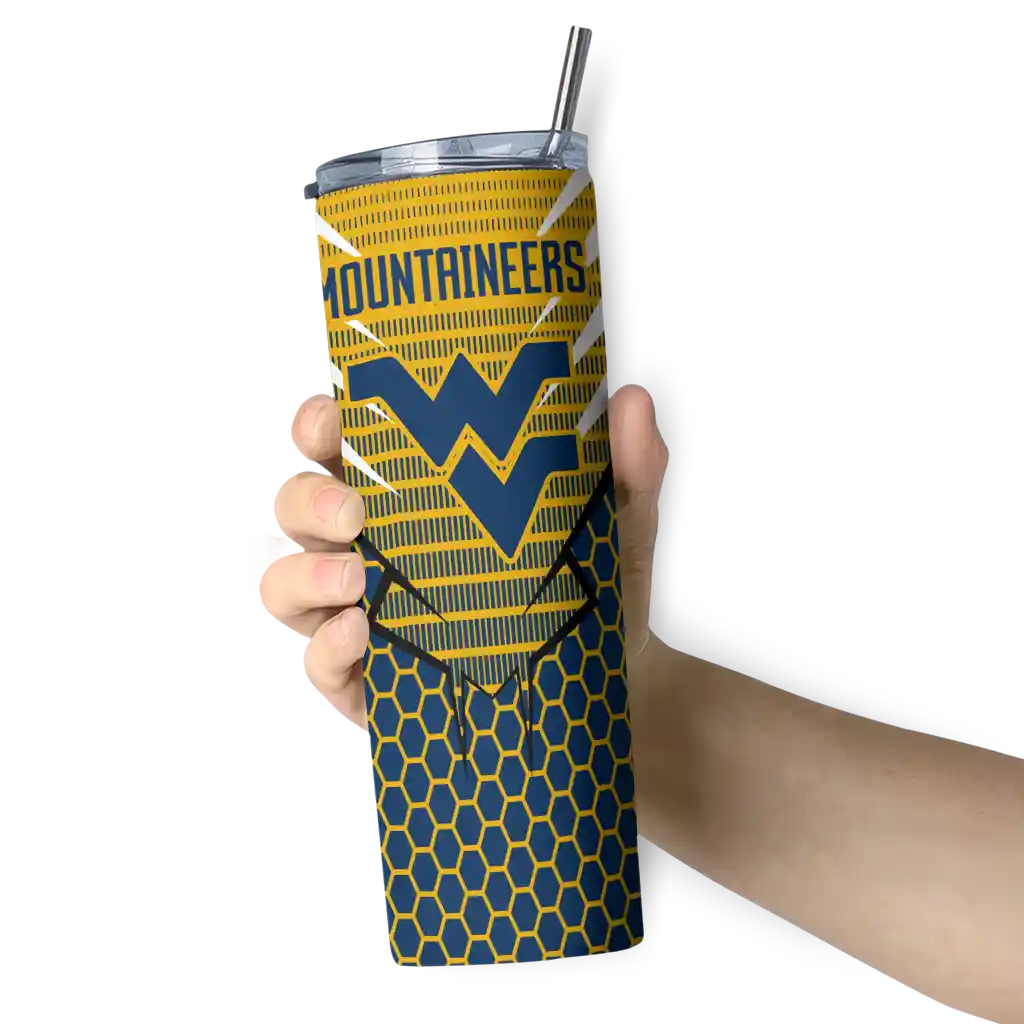 customized-west-virginia-mountaineers-chevron-stripes-blue-skinny-tumbler-premium-grade.webp