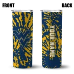 customized-west-virginia-mountaineers-metallic-grid-blue-skinny-tumbler-best-selling.webp