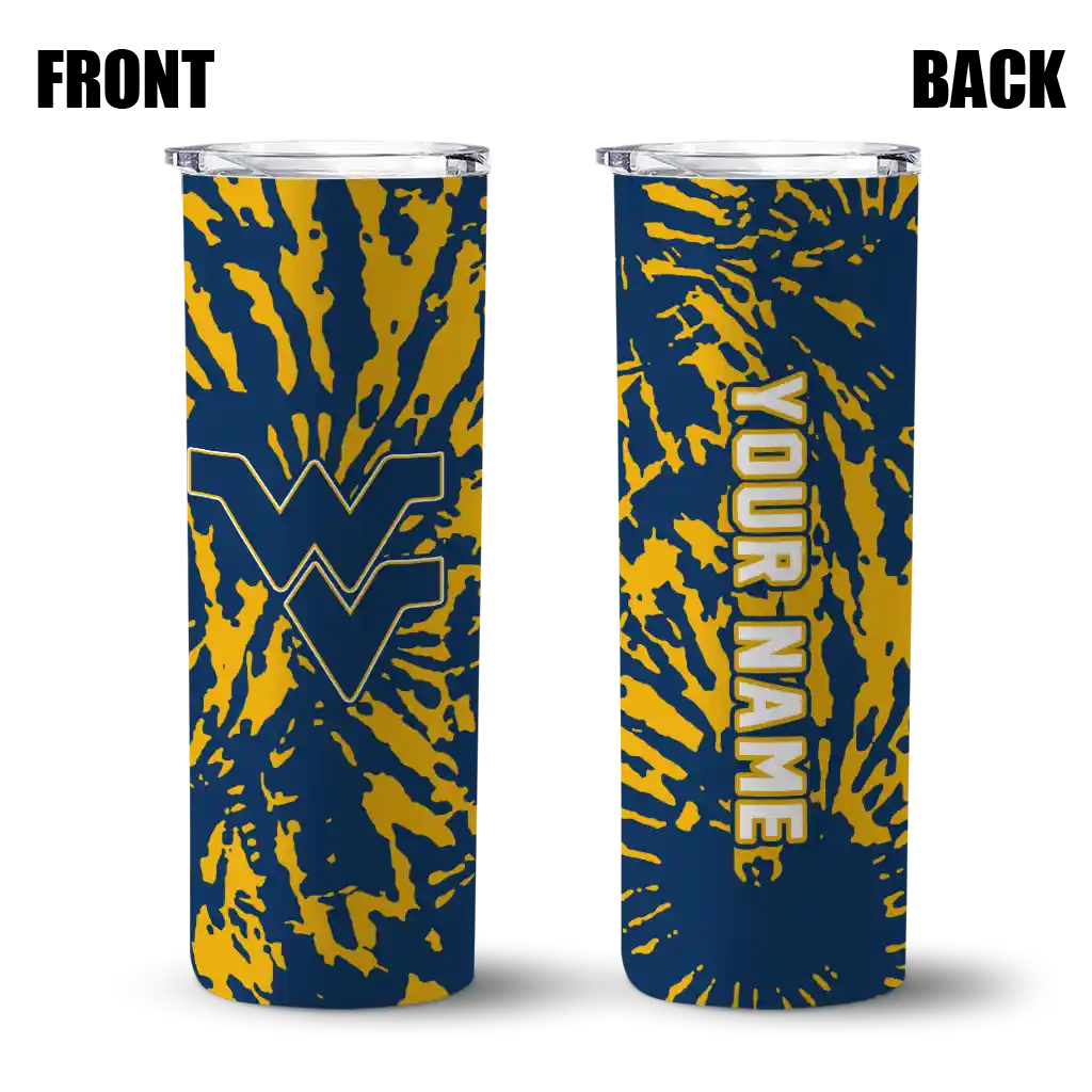 customized-west-virginia-mountaineers-metallic-grid-blue-skinny-tumbler-fashion-forward.webp