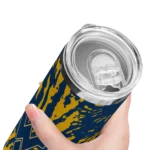 customized-west-virginia-mountaineers-metallic-grid-blue-skinny-tumbler-best-selling.webp