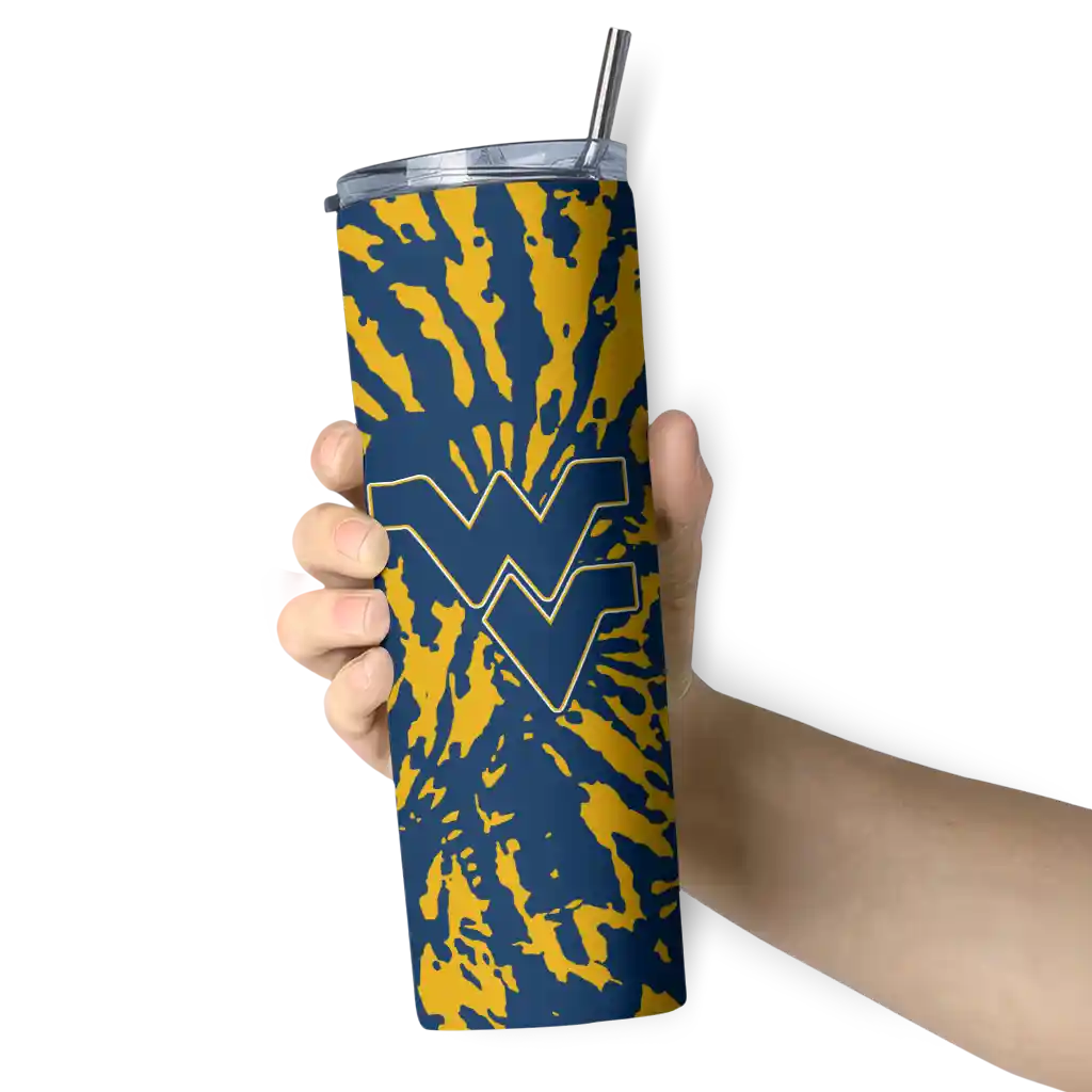 customized-west-virginia-mountaineers-metallic-grid-blue-skinny-tumbler-premium-grade.webp