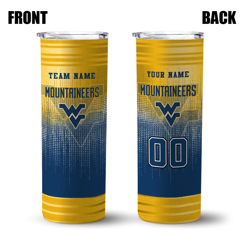 customized-west-virginia-mountaineers-swirl-texture-blue-skinny-tumbler-fashion-forward.webp
