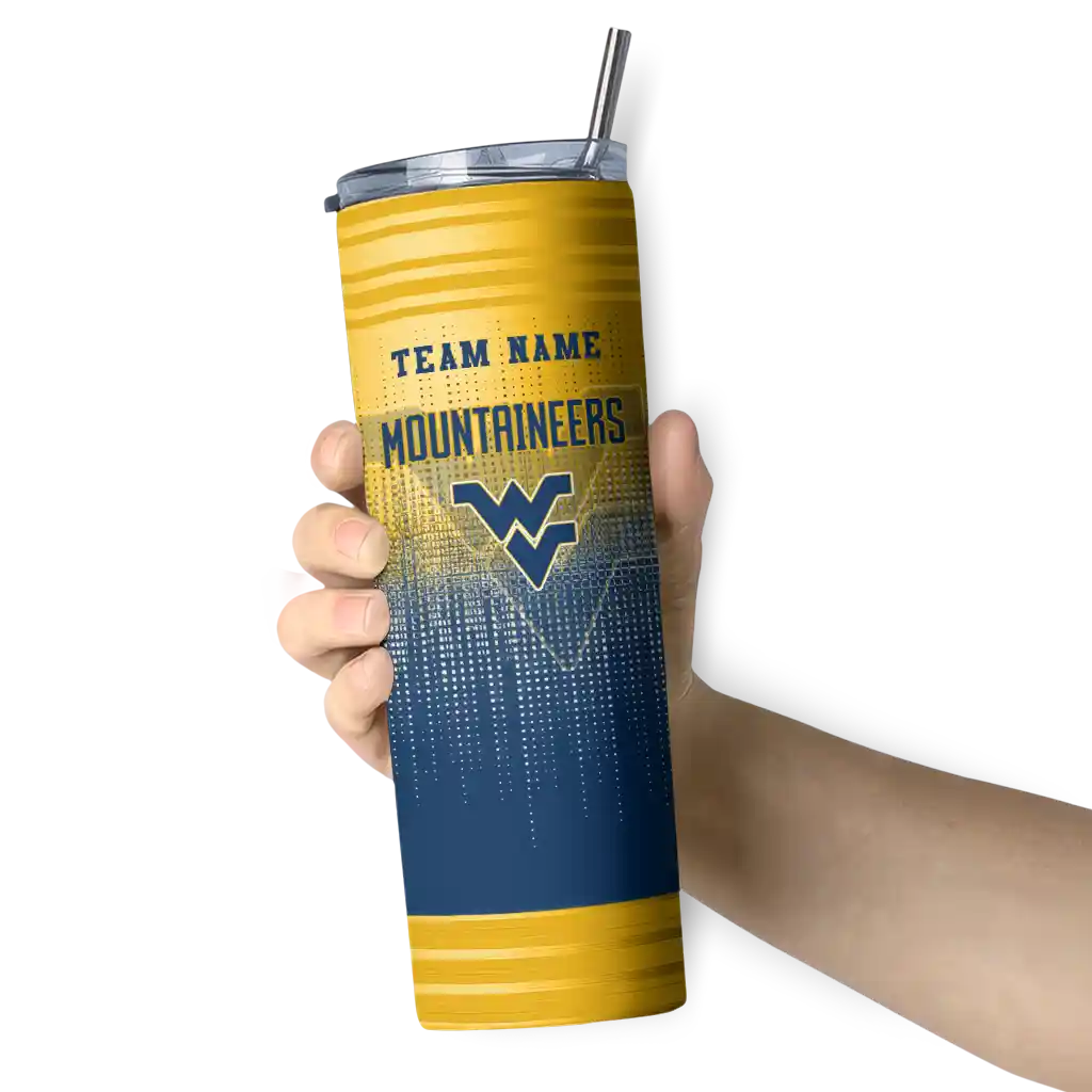 customized-west-virginia-mountaineers-swirl-texture-blue-skinny-tumbler-premium-grade.webp