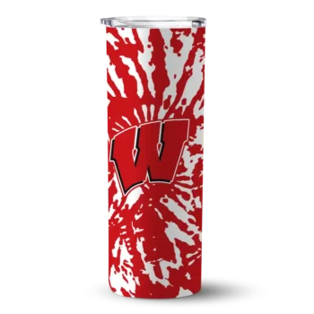 Customized Wisconsin Badgers Metallic Grid Red Skinny Tumbler