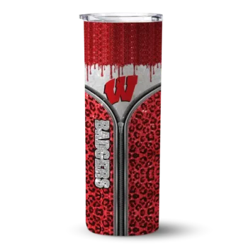Customized Wisconsin Badgers Sparkle Drip Red Skinny Tumbler