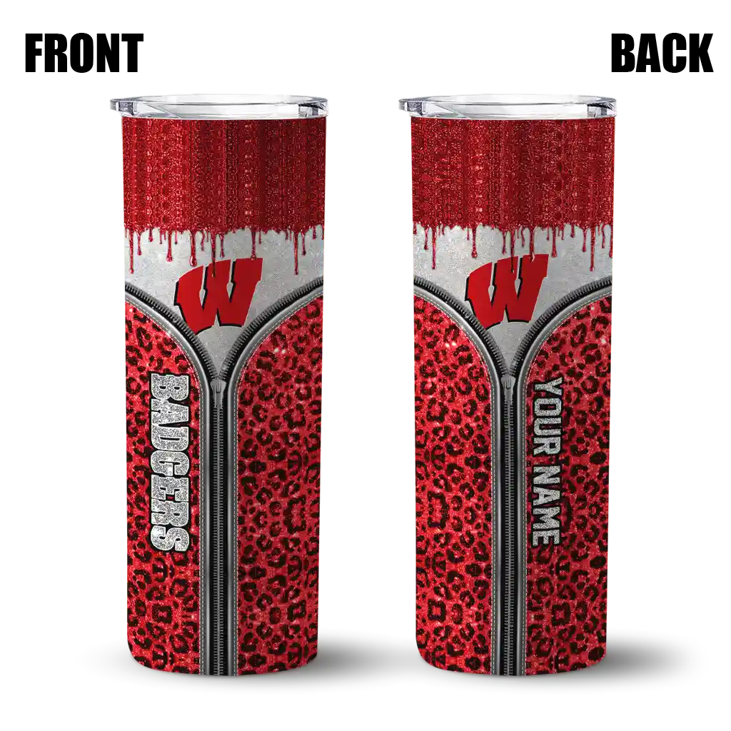 customized-wisconsin-badgers-sparkle-drip-red-skinny-tumbler-fashion-forward.webp