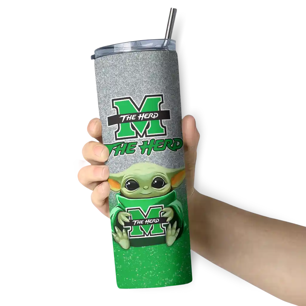 marshall-thundering-herd-yoda-smile-green-skinny-tumbler-premium-grade.webp
