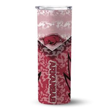 Personalized Arkansas Razorbacks Spiral Burst Print Red Skinny Tumbler