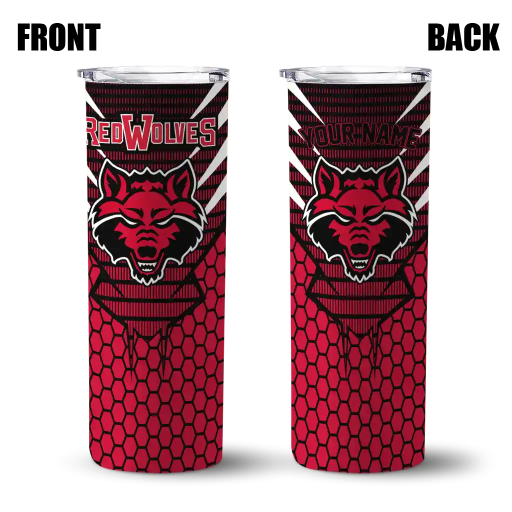 personalized-arkansas-state-red-wolves-chevron-stripes-scarlet-skinny-tumbler-fashion-forward.webp