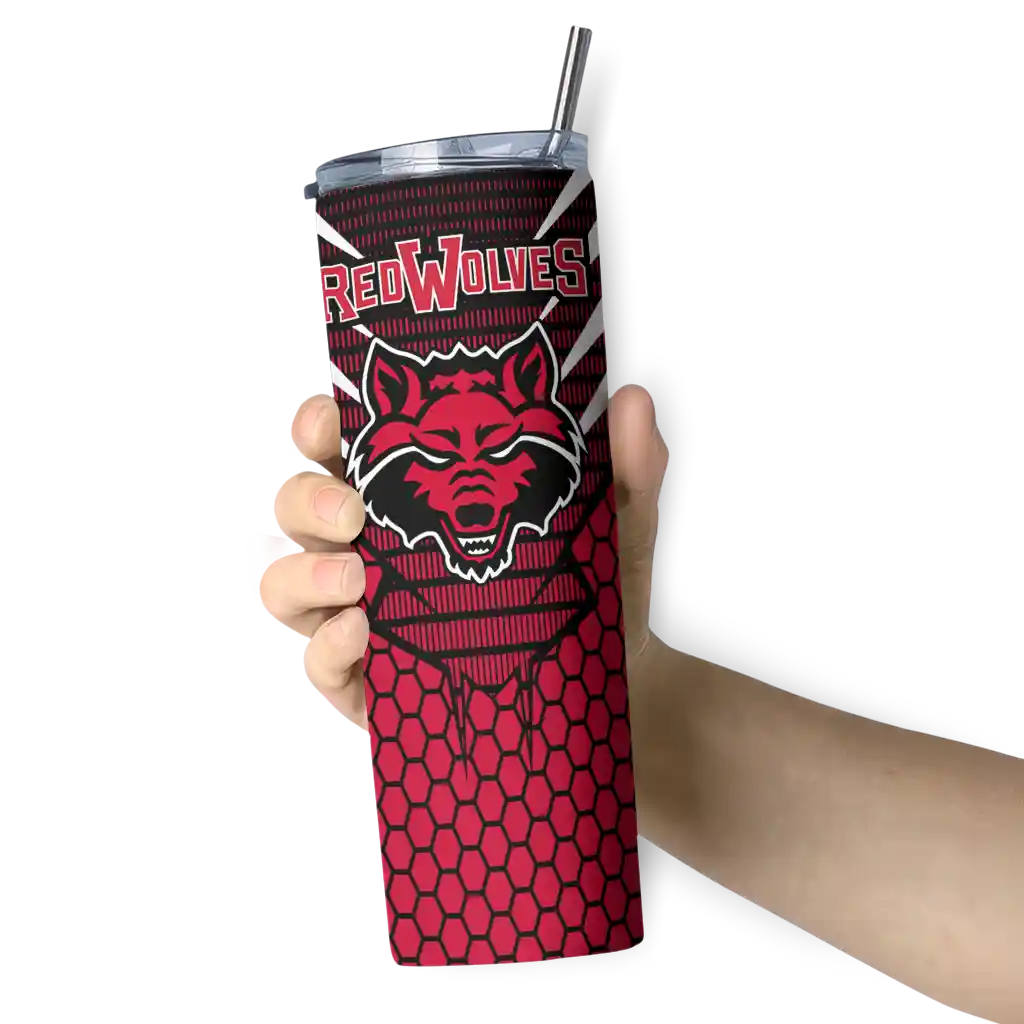 personalized-arkansas-state-red-wolves-chevron-stripes-scarlet-skinny-tumbler-premium-grade.webp