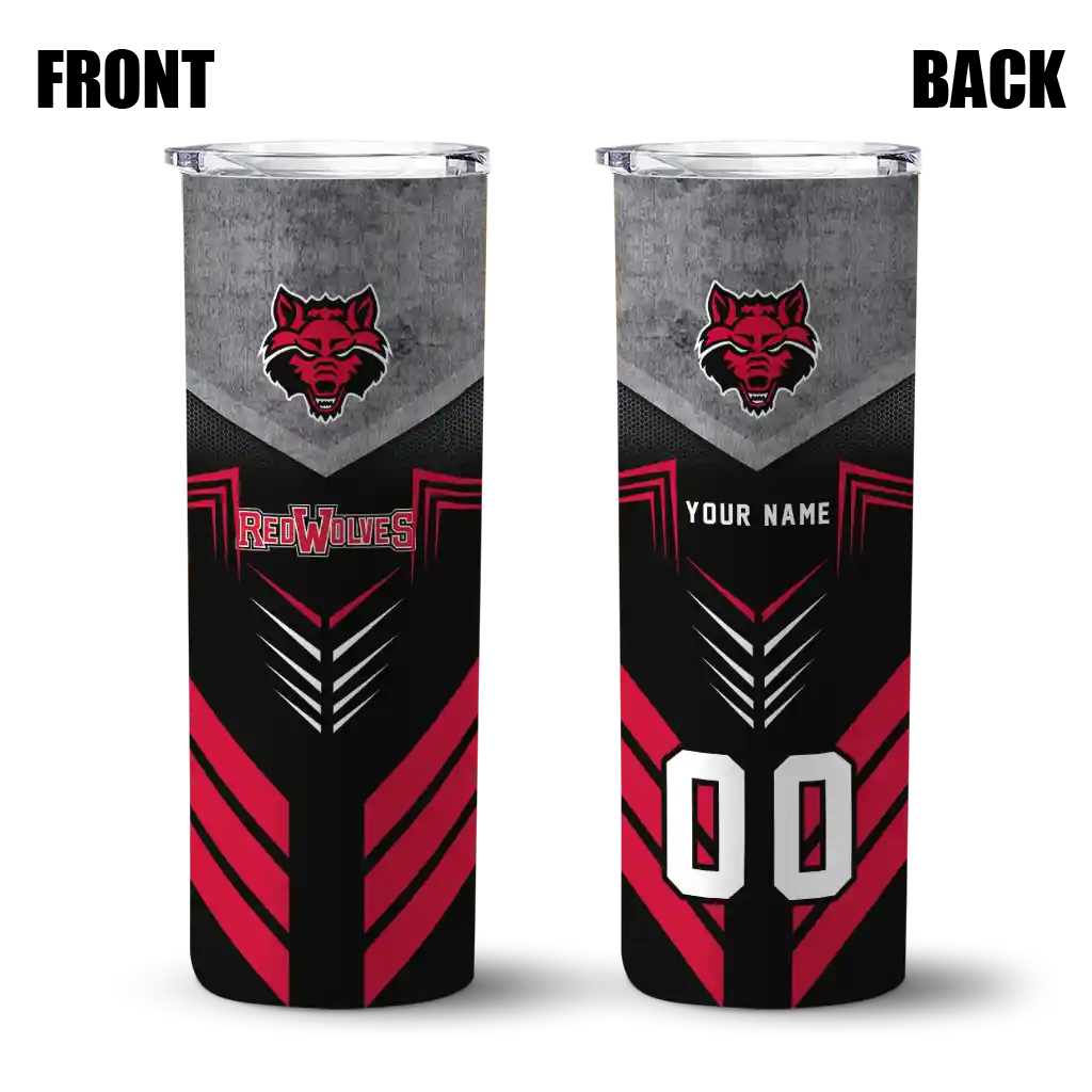 personalized-arkansas-state-red-wolves-hexagon-honeycomb-scarlet-black-skinny-tumbler-fashion-forward.webp