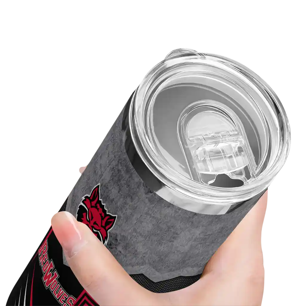 personalized-arkansas-state-red-wolves-hexagon-honeycomb-scarlet-black-skinny-tumbler-high-quality.webp