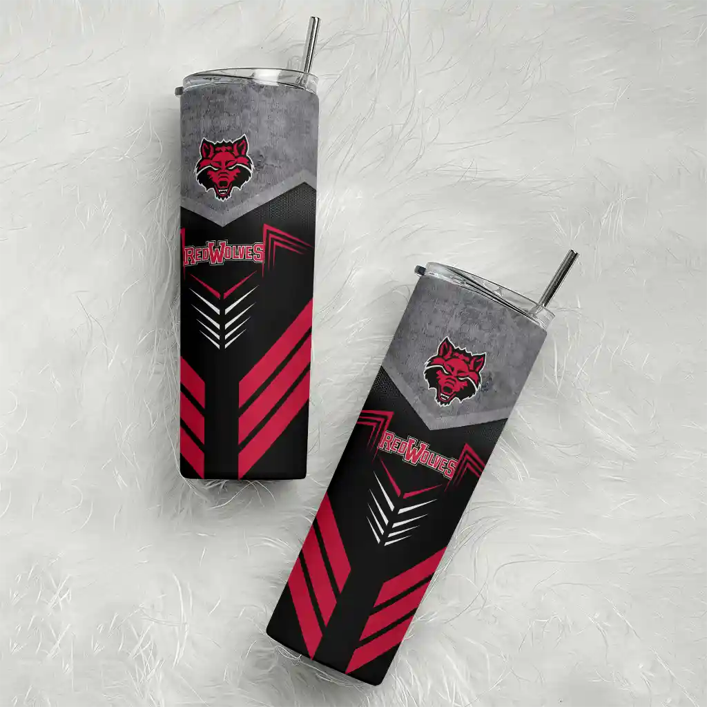 personalized-arkansas-state-red-wolves-hexagon-honeycomb-scarlet-black-skinny-tumbler-top-rated.webp