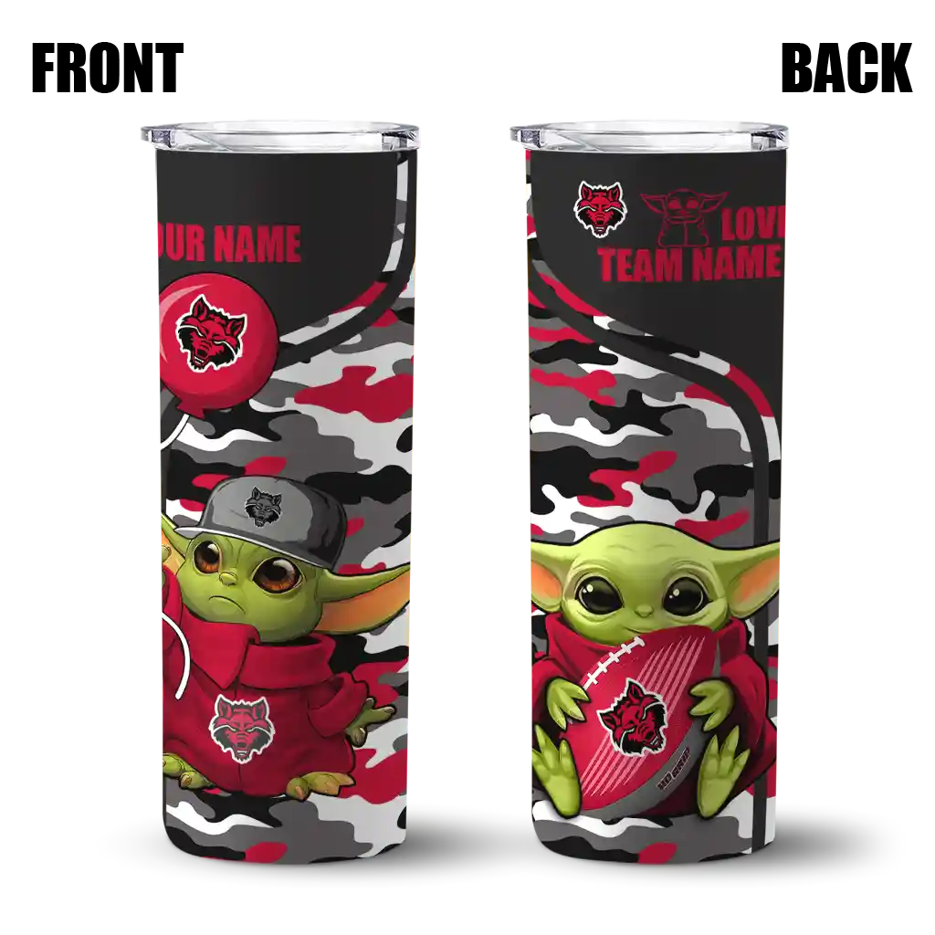 personalized-arkansas-state-red-wolves-yoda-camo-scarlet-black-skinny-tumbler-fashion-forward.webp