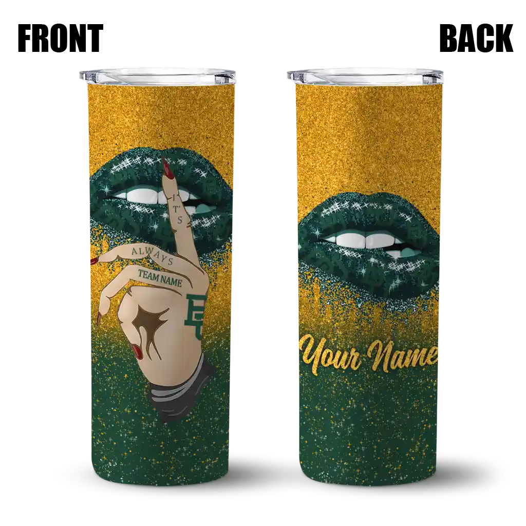 personalized-baylor-bears-sparkle-lips-green-skinny-tumbler-fashion-forward.webp