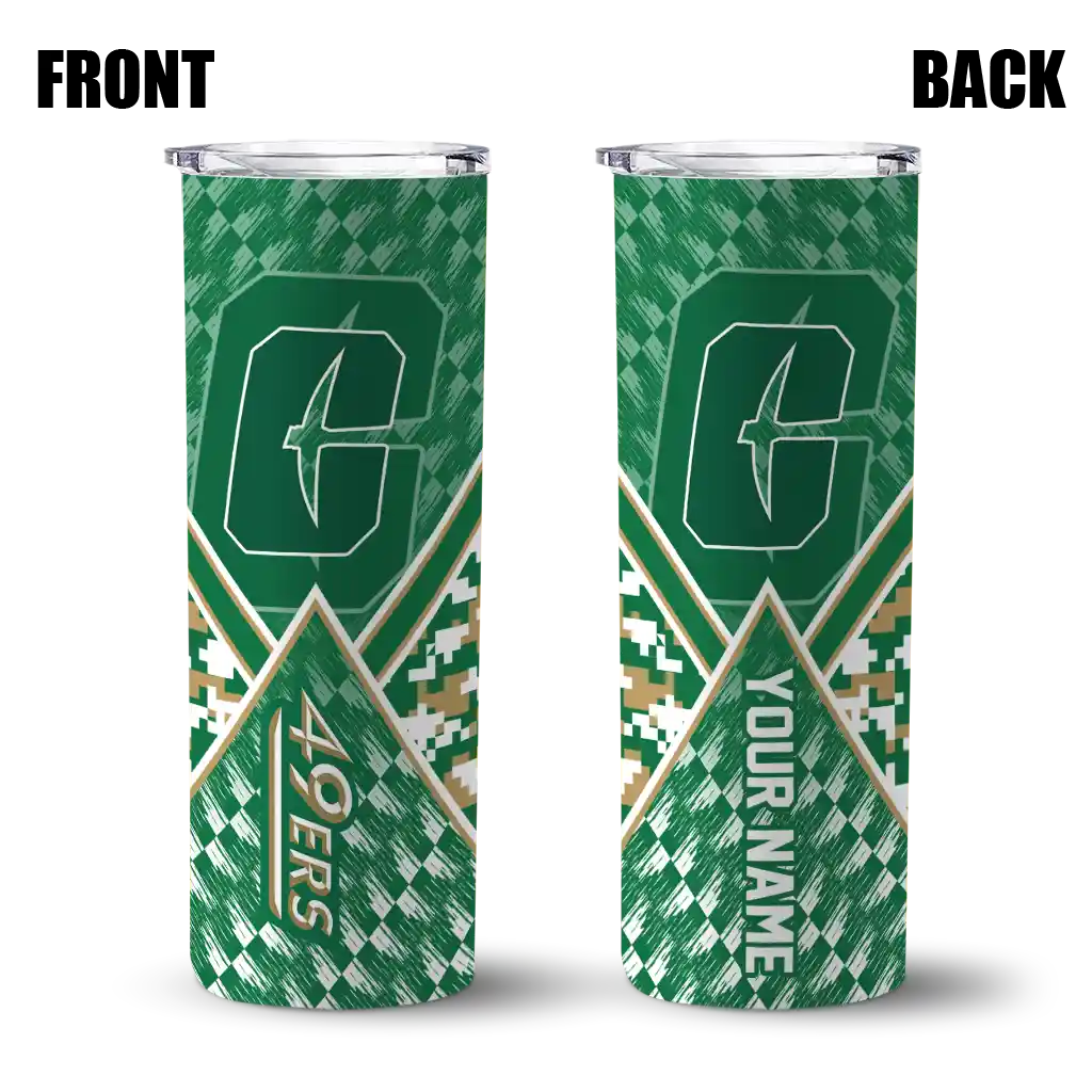 personalized-charlotte-49ers-monogram-burst-green-white-skinny-tumbler-fashion-forward-2.webp
