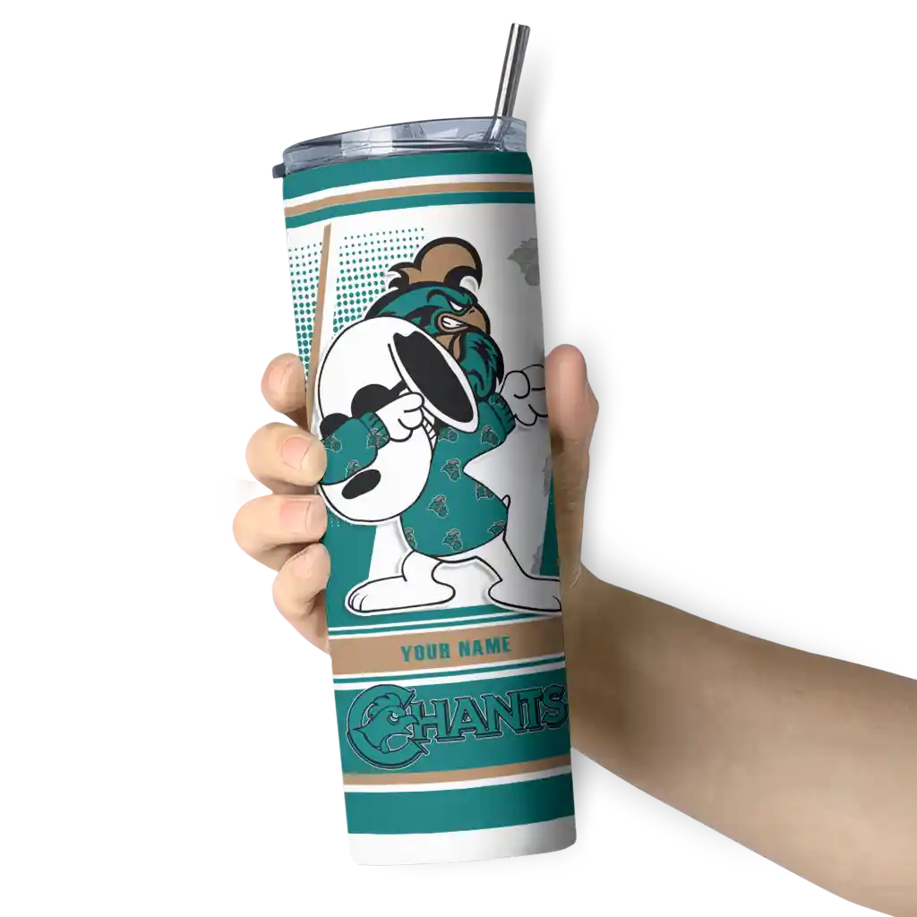 personalized-coastal-carolina-chanticleers-snoopy-dog-green-white-skinny-tumbler-premium-grade.webp