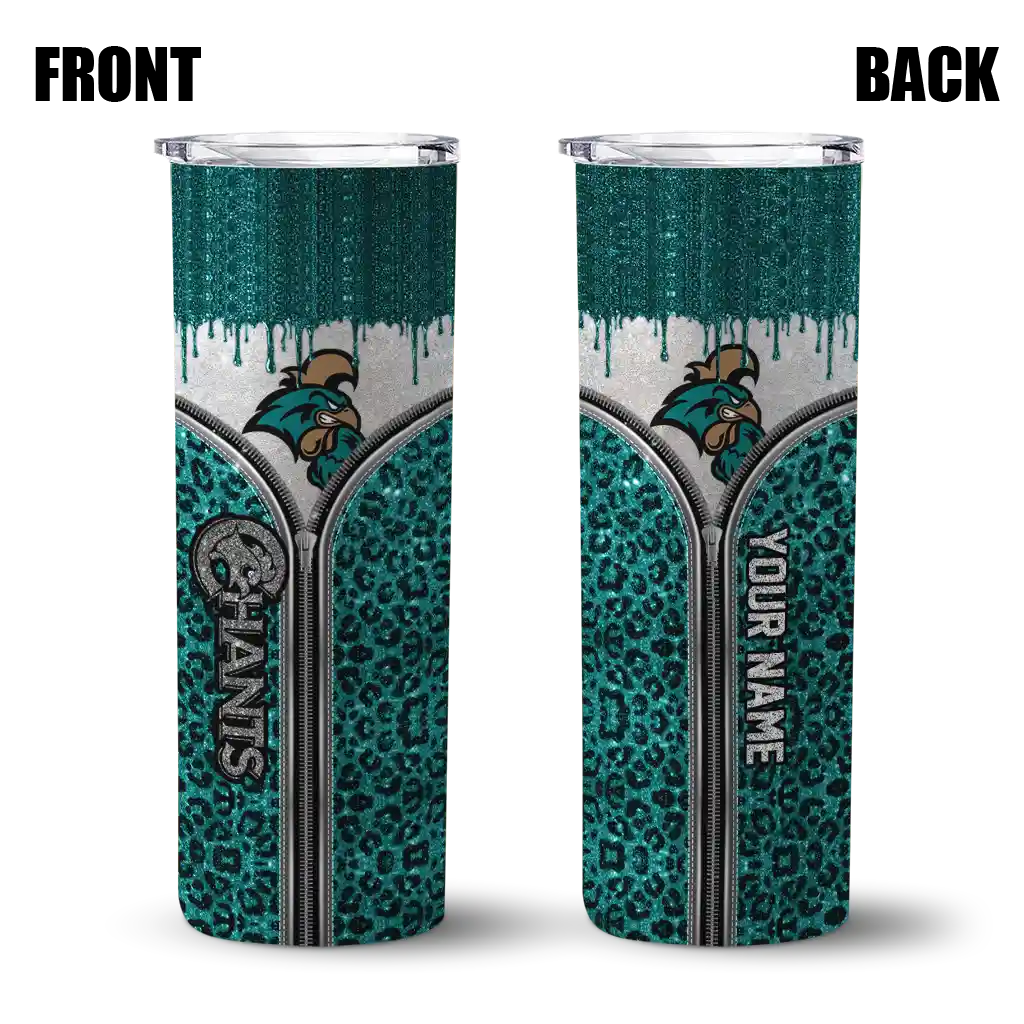 personalized-coastal-carolina-chanticleers-sparkle-drip-green-skinny-tumbler-fashion-forward.webp