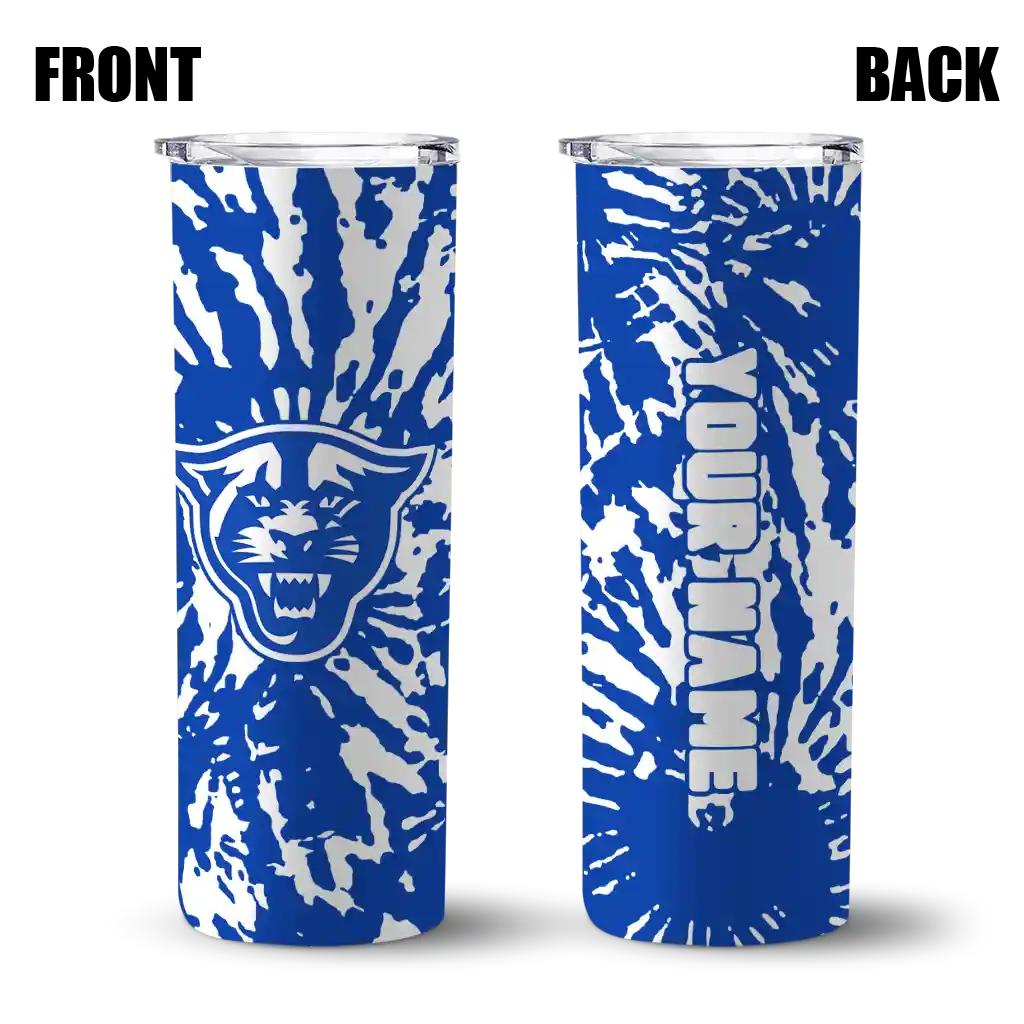 personalized-georgia-state-panthers-metallic-grid-blue-skinny-tumbler-fashion-forward.webp
