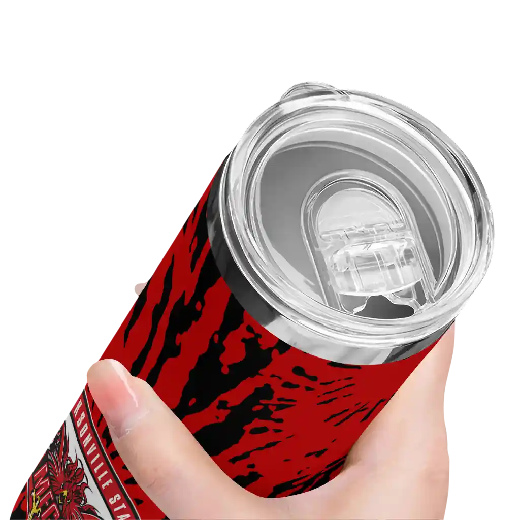 personalized-jacksonville-state-gamecocks-metallic-grid-red-skinny-tumbler-high-quality.webp