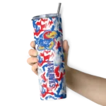 personalized-kansas-jayhawks-claw-marks-blue-white-skinny-tumbler-best-selling.webp