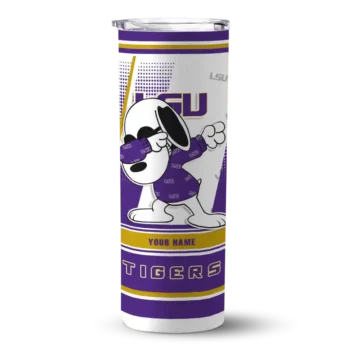 Personalized LSU Tigers Snoopy Dog Purple White Skinny Tumbler