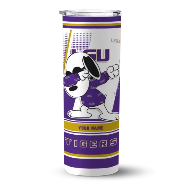 personalized lsu tigers snoopy dog purple white skinny tumbler best selling
