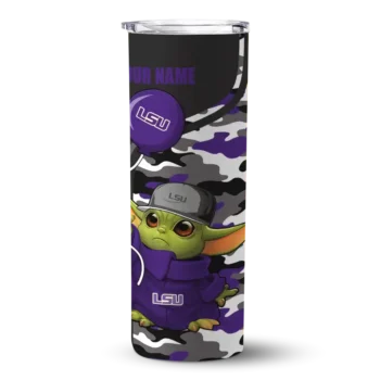 Personalized LSU Tigers Yoda Camo Purple Black Skinny Tumbler