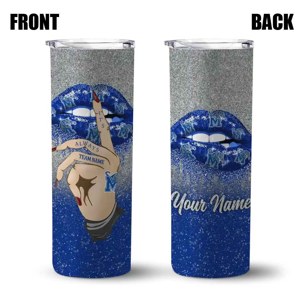 personalized-memphis-tigers-sparkle-lips-blue-skinny-tumbler-fashion-forward.webp