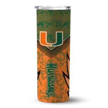 Personalized Miami Hurricanes Spiral Burst Print Orange Skinny Tumbler