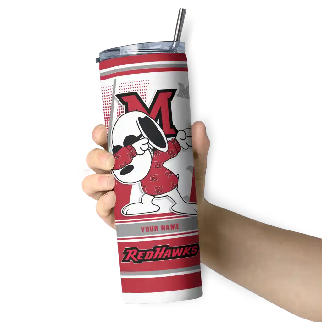 personalized-miami-redhawks-snoopy-dog-red-white-skinny-tumbler-premium-grade.webp