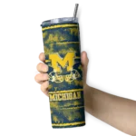 personalized-michigan-wolverines-chevron-patch-blue-skinny-tumbler-best-selling.webp