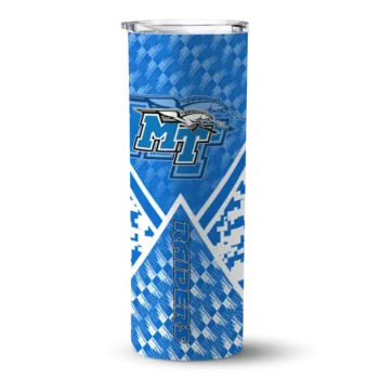 Personalized Middle Tennessee Blue Raiders Monogram Burst Blue White Skinny Tumbler