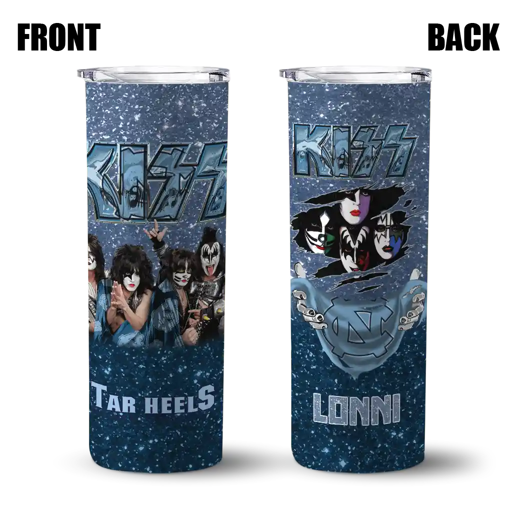 personalized-north-carolina-tar-heels-kiss-band-navy-blue-skinny-tumbler-fashion-forward.webp