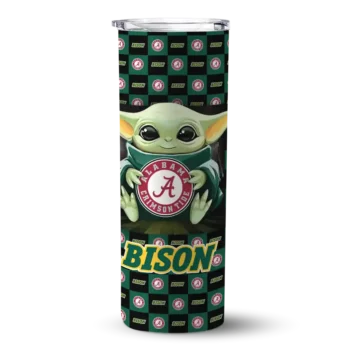Personalized North Dakota State Bison Yoda Cozy Green Black Skinny Tumbler