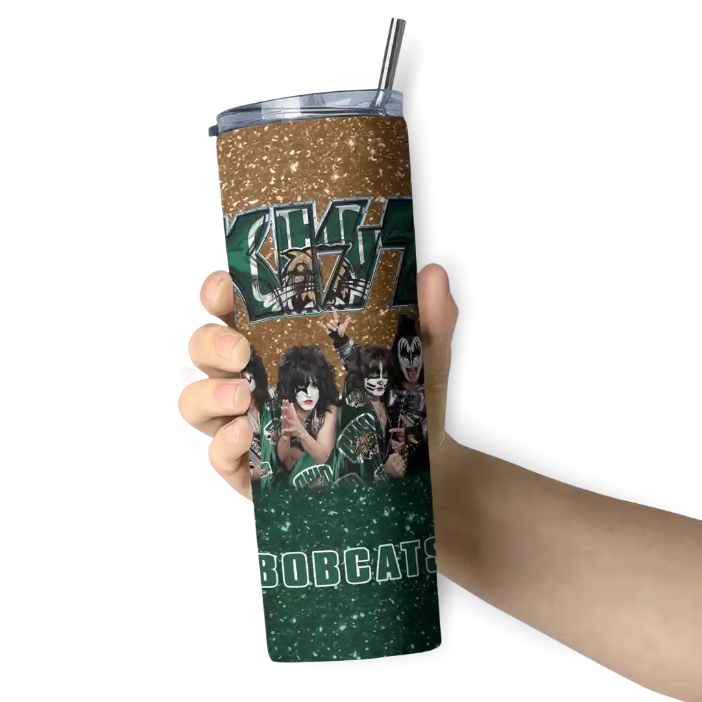 personalized-ohio-bobcats-kiss-band-tan-skinny-tumbler-premium-grade.webp