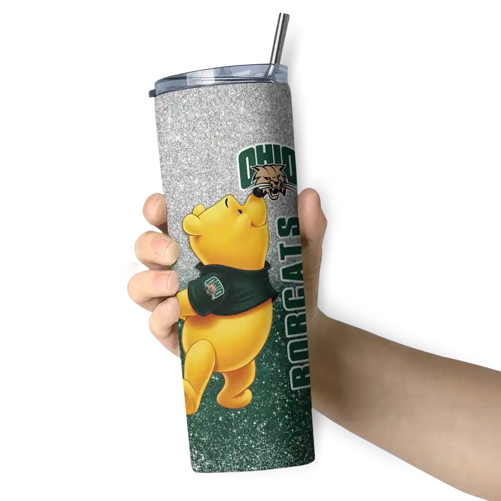 personalized-ohio-bobcats-winnie-the-pooh-green-gray-skinny-tumbler-premium-grade.webp