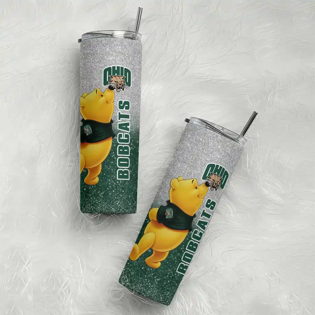 personalized-ohio-bobcats-winnie-the-pooh-green-gray-skinny-tumbler-top-rated.webp