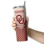 personalized-oklahoma-sooners-chevron-stripes-crimson-skinny-tumbler-best-selling.webp