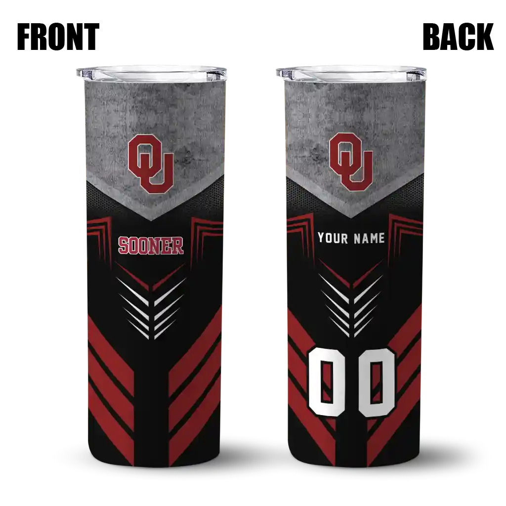 personalized-oklahoma-sooners-hexagon-honeycomb-crimson-black-skinny-tumbler-fashion-forward.webp