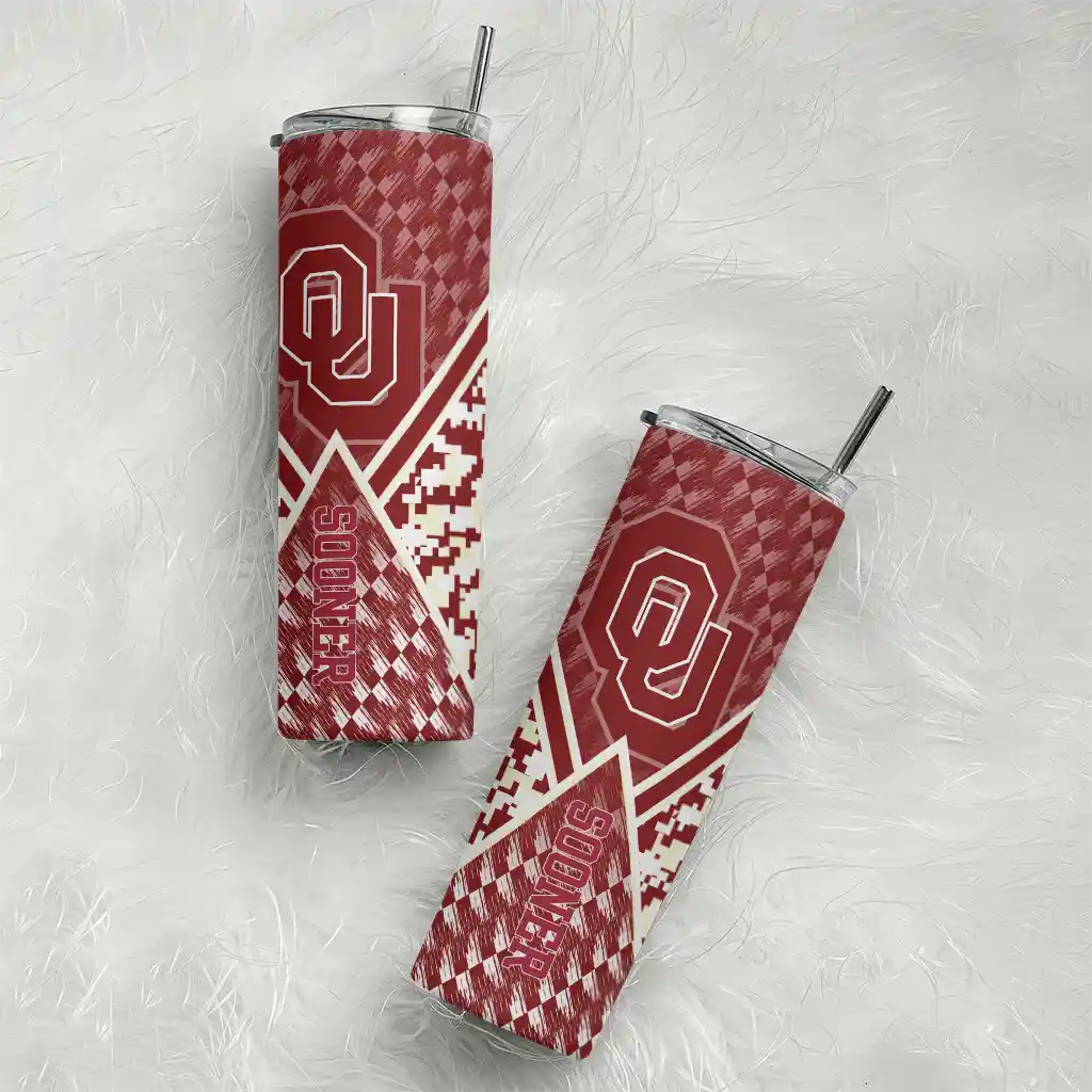 personalized-oklahoma-sooners-monogram-burst-crimson-white-skinny-tumbler-top-rated.webp