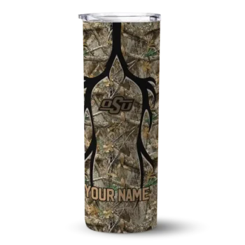 Personalized Oklahoma State Cowboys Antler Flow Camo Skinny Tumbler