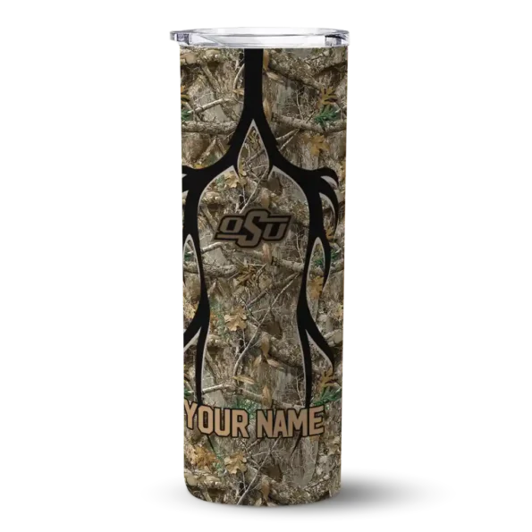 personalized oklahoma state cowboys antler flow camo skinny tumbler best selling