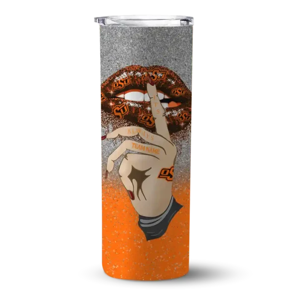 personalized oklahoma state cowboys sparkle lips orange skinny tumbler best selling
